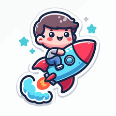 A stylized cartoon boy, happy and cheerful, sits atop a rocket ship, depicted in flight against a backdrop of stars.