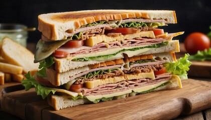 Delicious stacked sandwich with layers of meat, cheese, and veggies