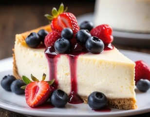 Delicious cheesecake topped with fresh berries and berry sauce