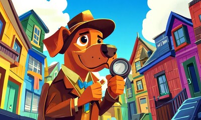 A cheerful dog detective examines clues in a colorful neighborhood filled with vibrant houses