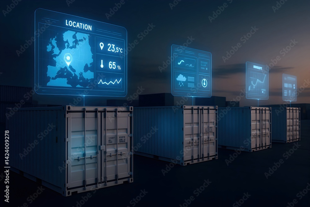 Poster a futuristic scene showcasing shipping containers equipped with digital interfaces for monitoring lo