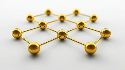 Obraz premium Golden Molecular Structure with Spheres and Rods on Minimalist White Background