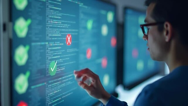 A person interacts with a large display showcasing code, highlighting successful processes and debugging errors in real-time