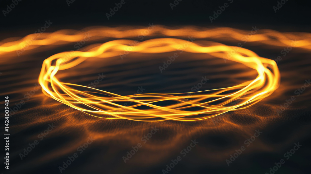 Poster circular wave pattern with orange light trails on a dark background for creative design projects