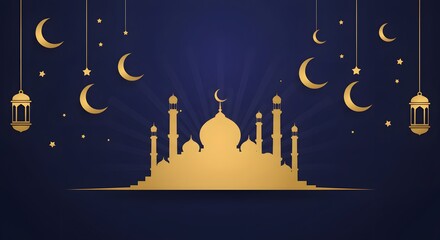 Golden Mosque Silhouette with Moon and Stars on Dark Blue Background