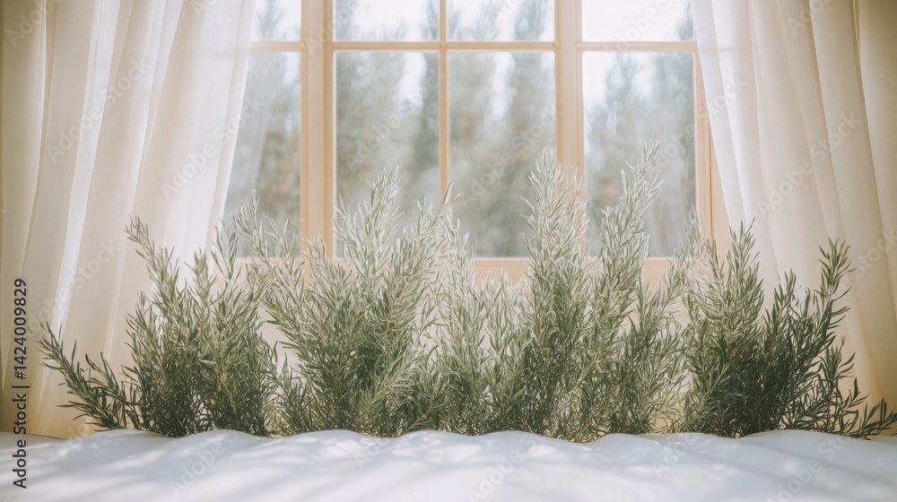 Poster sunlight streams through sheer curtains illuminating a row of small green plants on a white surface,