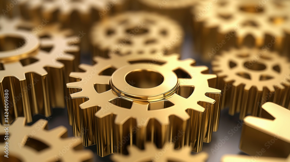 Poster golden gears and cogs on a smooth surface highlighting mechanisms and industrial design elements