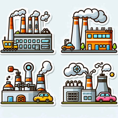 Four stylized cartoon depictions of factories with varying colors and features, emitting smoke, and showing simple machinery and transportation.