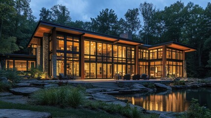 Modern Luxurious Lake House at Dusk