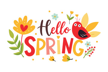 Naklejka premium Hello Spring Text with Red Bird and Yellow Flowers on a White Background