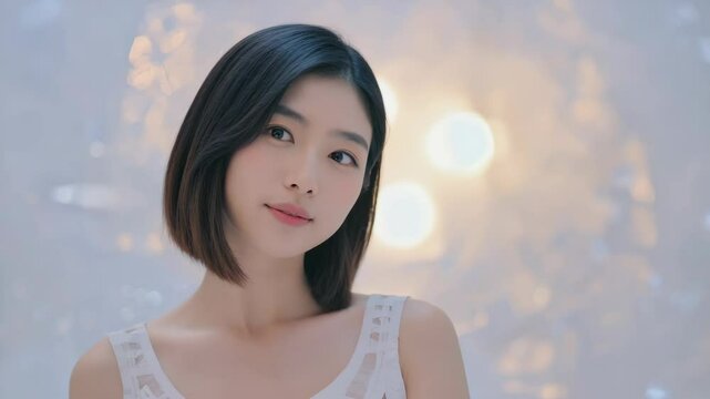 Portrait of a serene young woman with short dark hair, wearing a white dress in a softly lit studio with bokeh lighting, looking directly at the camera.