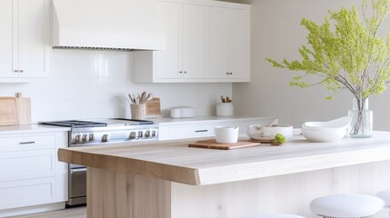 Modern, bright, and minimalist kitchen design with a light, airy feel.  Clean lines, natural wood accents, and a focus on simple elegance