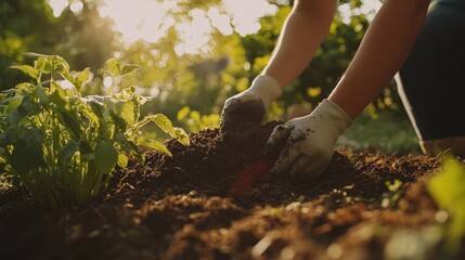 Naklejka premium Person gardening in sunlight with gloved hands working soil