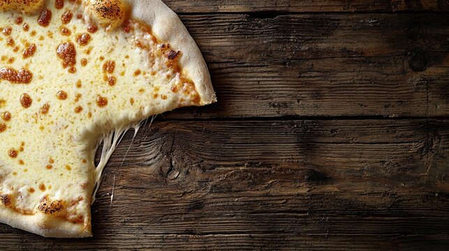 Mouthwatering cheese pizza slice with gooey strings against rustic wood backdrop