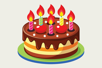 Layered Cake with Chocolate Glaze, Six Burning Candles and White Sprinkles