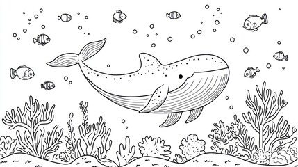 Obraz premium Undersea whale coloring page, ocean animals, coral reef, kids activity