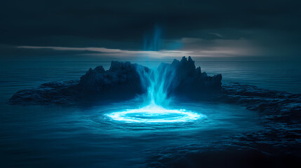 Mysterious glowing cyan light erupts from dark water near rocky outcrop. Trance Ripple. Illustration