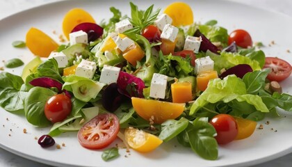Fresh Colorful Salad with Vegetables, Cheese, and Nuts on Plate