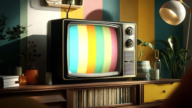 Vintage television set displaying colorful test pattern on a wooden cabinet in a room