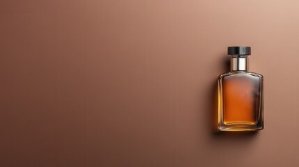 A classy perfume bottle set against a matte brown background, highlighting its sophisticated shape and amber color, evoking feelings of elegance and luxury.