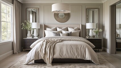 Soft bedding neutral tones and sleek furniture make this bedroom cozy