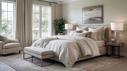 Soft bedding neutral tones and sleek furniture make this bedroom cozy