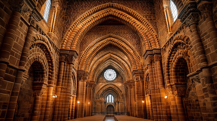 Obraz premium Stone Cathedral Interior: Capturing the grandeur and historic essence of an arched cathedral, bathed in warm, natural light, providing a sense of timeless elegance and tranquility.