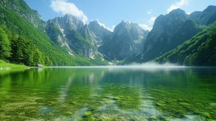 Fototapeta premium Serene alpine lake nestled amidst towering mountains. 