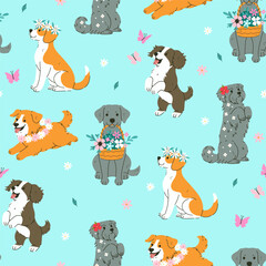 Seamless pattern with cute summer dogs and flowers. Vector graphics