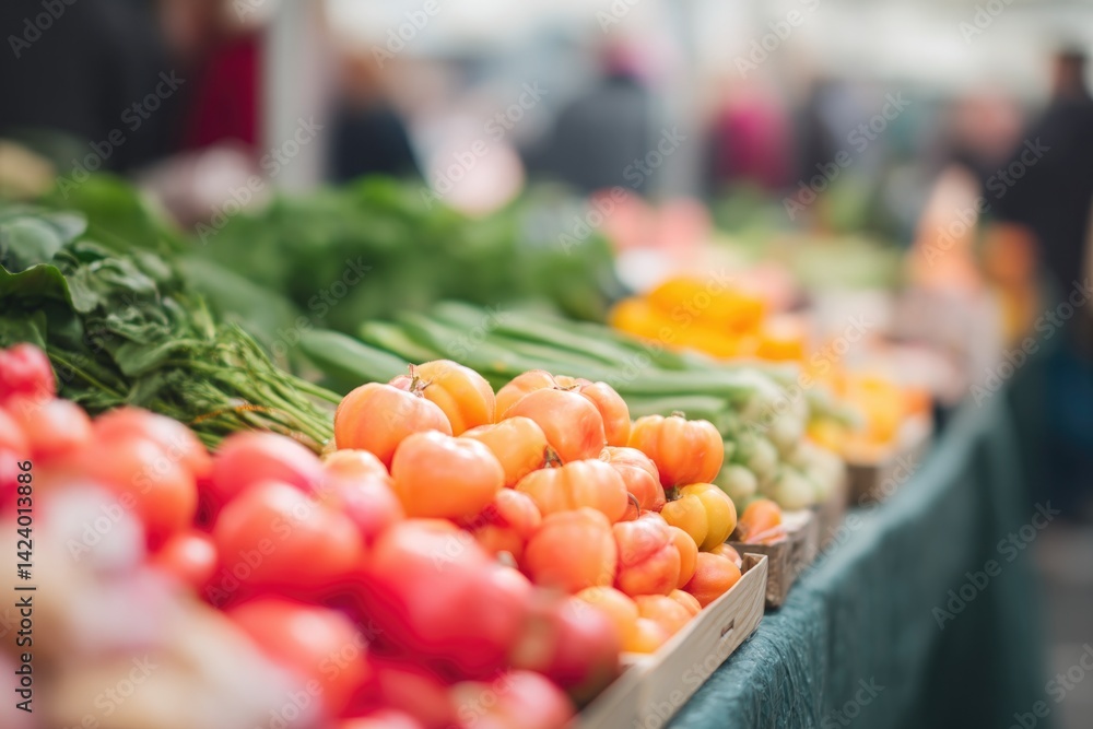 Poster clean minimalistic farmers market scene with fresh produce neatly arranged on display tables bustlin