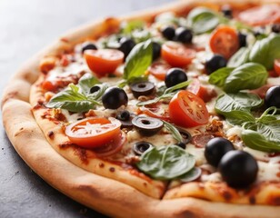 Freshly Baked Pizza Topped with Tomatoes, Olives, and Basil Leaves