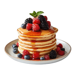 Stack of pancakes with berries and syrup on a white plate isolated