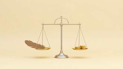 A minimalist photo of a balance scale with a feather on one pan and gold coins on the other, symbolizing contrast between lightness and value against a beige background.