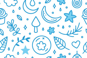 Seamless Pattern of HandDrawn Moon, Star, Flower, Leaf, Cloud in Blue