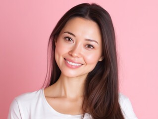 Beautiful fair - haired woman with long hair, wearing a white t - shirt, smiling at the camera against a pink background, taking an ad - style photo, with brown eyes and fair skin.