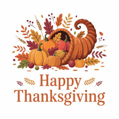Happy thanksgiving illustration with cornucopia filled with pumpkins and grapes on a white background