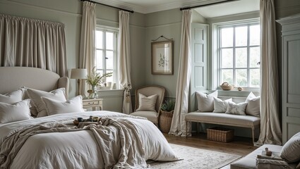 Soft linens and muted hues create a serene and cozy bedroom