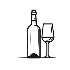 A minimalist illustration of a wine bottle and glass, elegantly placed, suggesting a serene atmosphere for a fine dining experience , isolated on white or transparent png