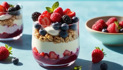 Fresh Berry Parfait with Yogurt and Granola in Clear Glass Cup