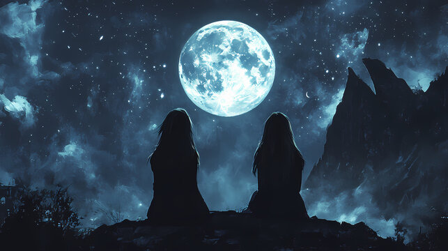 Two girls looking up at the moon in night sky, rear view, neural network generated art. digitally generated image. not based on any actual scene or pattern. Sleepwalker Current. Illustration