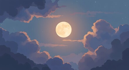 Full Moon Shining Above Clouds on a Starry Night