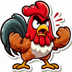 A digitally illustrated, angry rooster character, showcasing a fierce, cartoonish expression and stance.