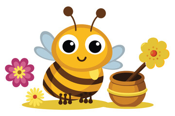 Obraz premium Smiling Honeybee Cartoon Character with Pot of Honey and Flowers on White