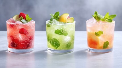 Three colorful, refreshing cocktails garnished with fruit and mint, presented in clear glasses.