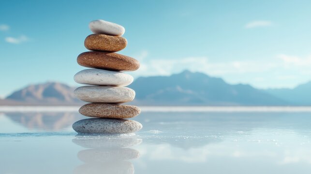 A meticulously balanced tower of stones rises majestically over serene water, surrounded by mountains, evoking feelings of peace, harmony, and natural beauty in tranquil surroundings.