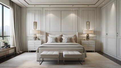 Sophisticated simplicity defines this bedroom with light colors and sleek furniture