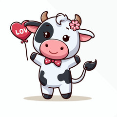 A stylized cartoon cow holding a red heart-shaped balloon, conveying a feeling of love and affection.