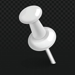white push pin at a slight angle against a transparent dark checkered background. You can clearly see the rounded head, the shaft, and the flat base designed to hold it in place.