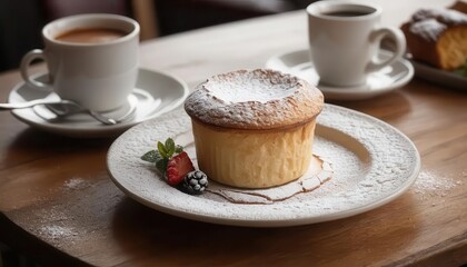 Delicious vanilla soufflé dessert with coffee on wooden table