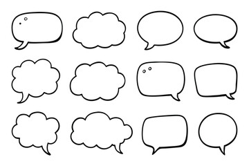 Twelve Diverse HandDrawn Speech Bubbles with Thick Black Outlines on White